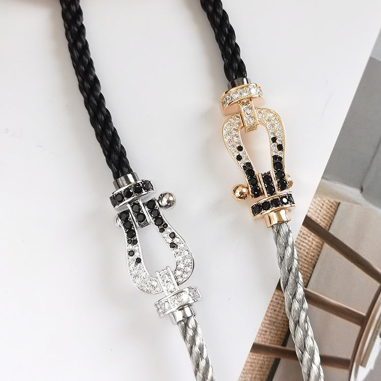 [⭐Maelin]FORCE LARGE HORSESHOE BLACK WHITE DIAMOND BRACELET SILVER