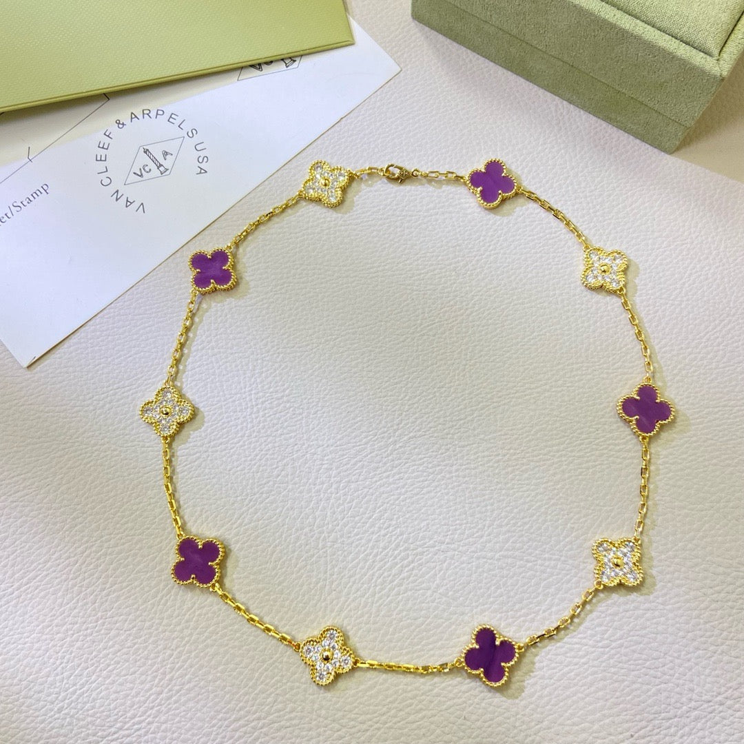 [⭐Maelin Jewelry]CLOVER 10 MOTIFS  PURPLE VIOLET DIAMOND NECKLACE
