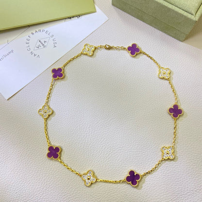[⭐Maelin Jewelry]CLOVER 10 MOTIFS  PURPLE VIOLET DIAMOND NECKLACE