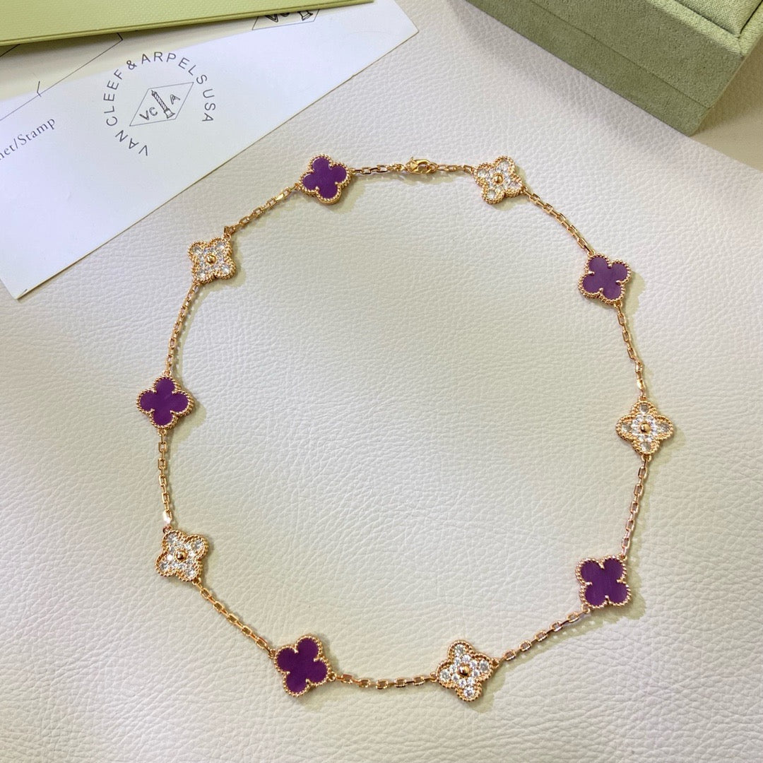 [⭐Maelin Jewelry]CLOVER 10 MOTIFS  PURPLE VIOLET DIAMOND NECKLACE