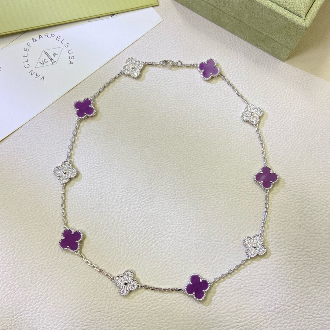 [⭐Maelin Jewelry]CLOVER 10 MOTIFS  PURPLE VIOLET DIAMOND NECKLACE