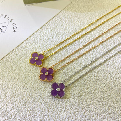 [⭐Maelin Jewelry]CLOVER 15MM DIAMOND  PURPLE VIOLET NECKLACE
