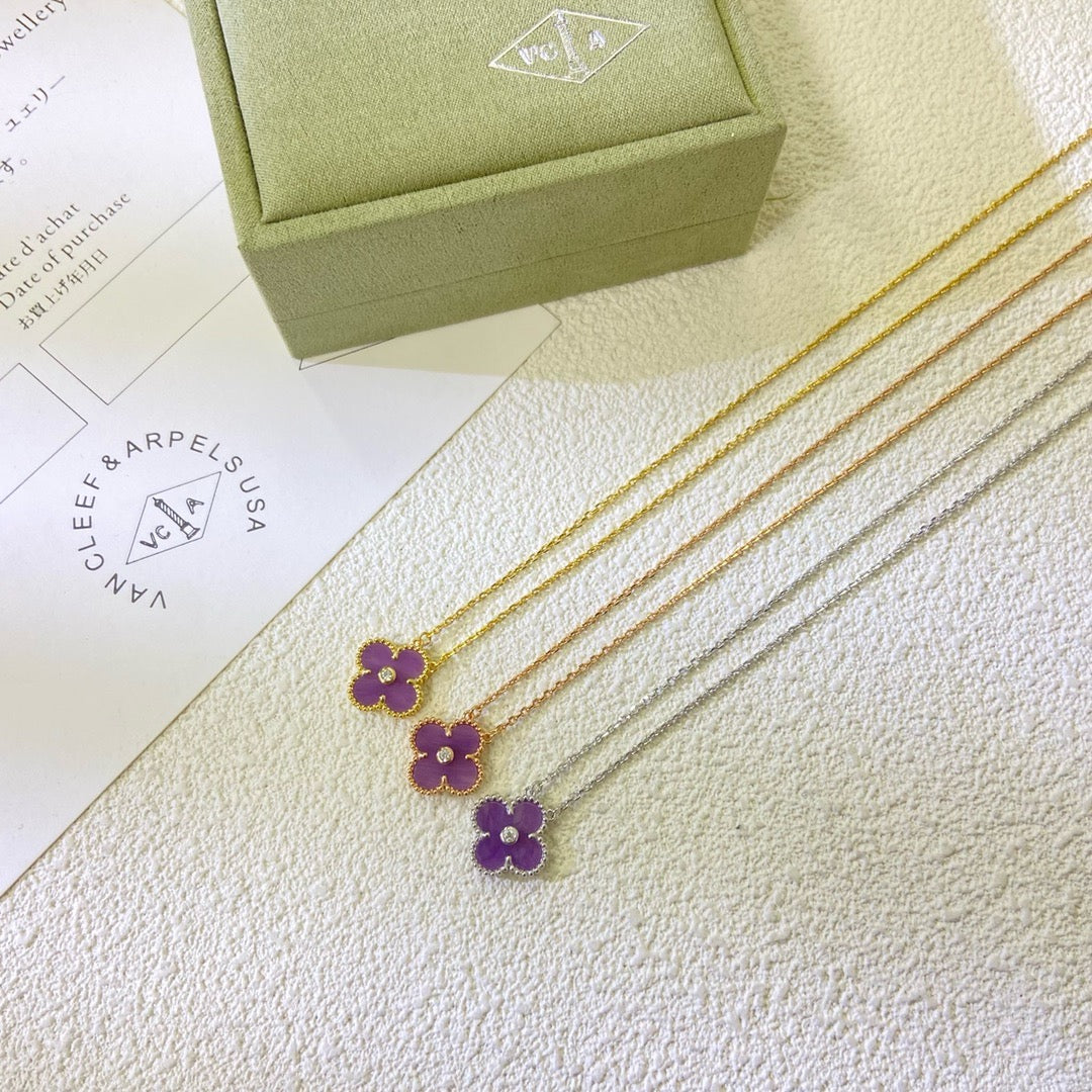 [⭐Maelin Jewelry]CLOVER 15MM DIAMOND  PURPLE VIOLET NECKLACE