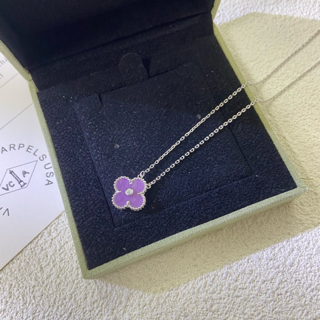 [⭐Maelin Jewelry]CLOVER 15MM DIAMOND  PURPLE VIOLET NECKLACE
