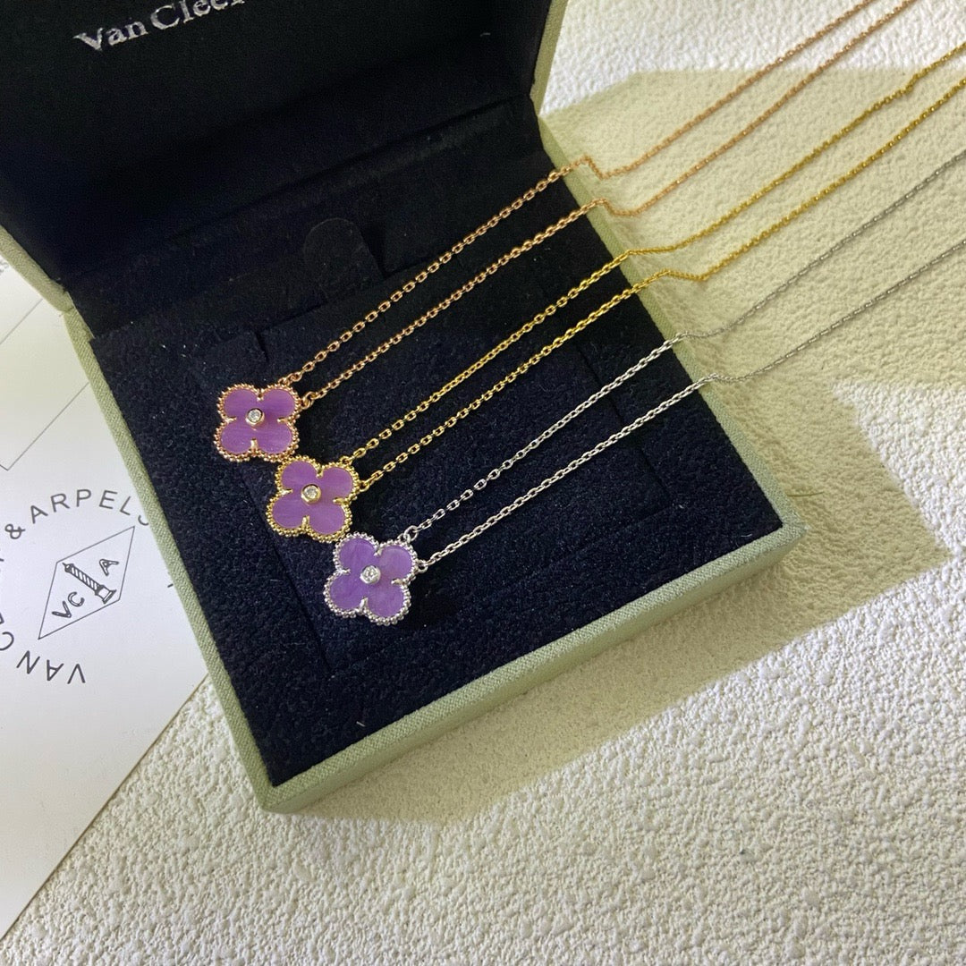 [⭐Maelin Jewelry]CLOVER 15MM DIAMOND  PURPLE VIOLET NECKLACE