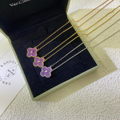 [⭐Maelin Jewelry]CLOVER 15MM DIAMOND  PURPLE VIOLET NECKLACE