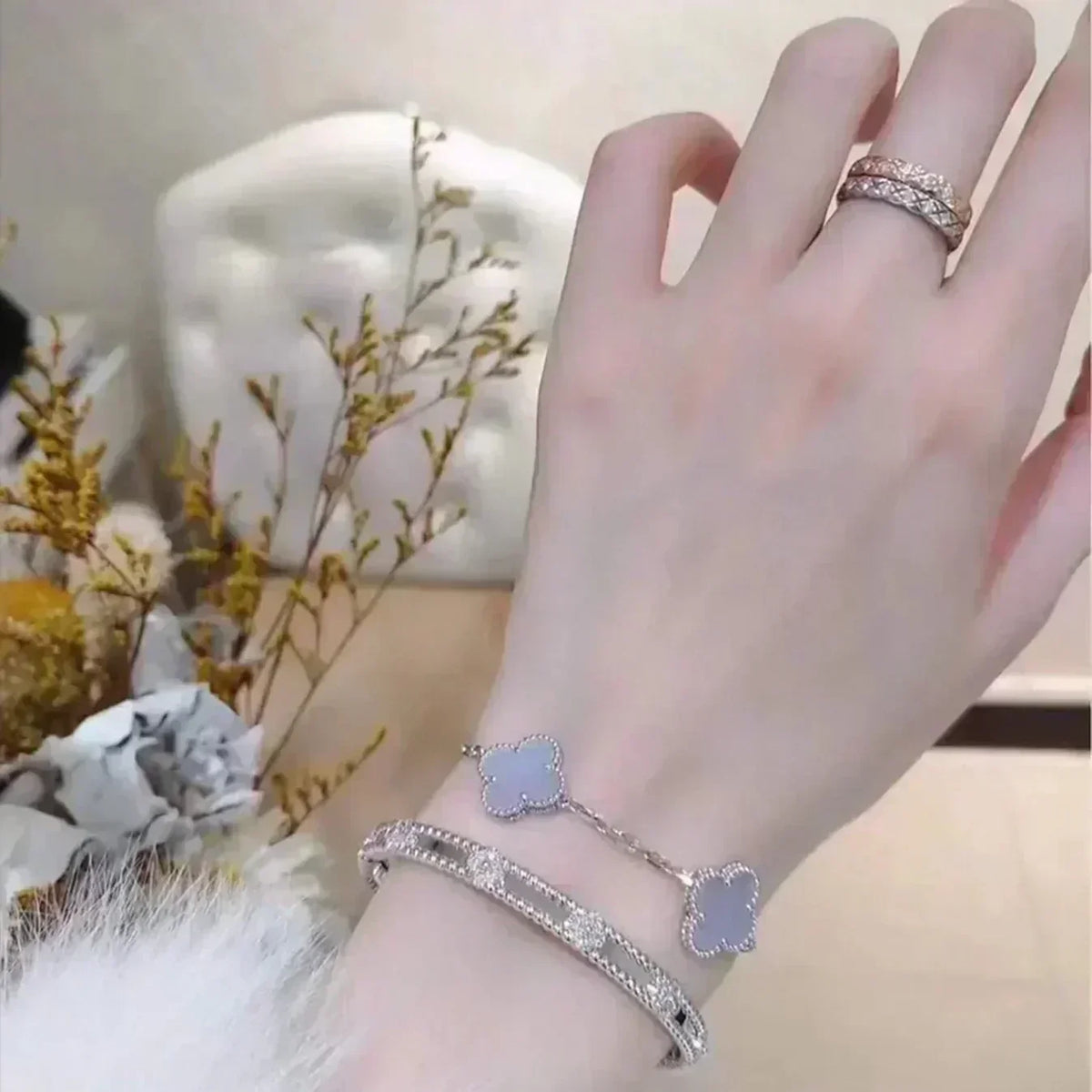 [⭐Maelin] CLOVER 5 MOTIF PURPLE CHALCEDONY BRACELET COLLECTION