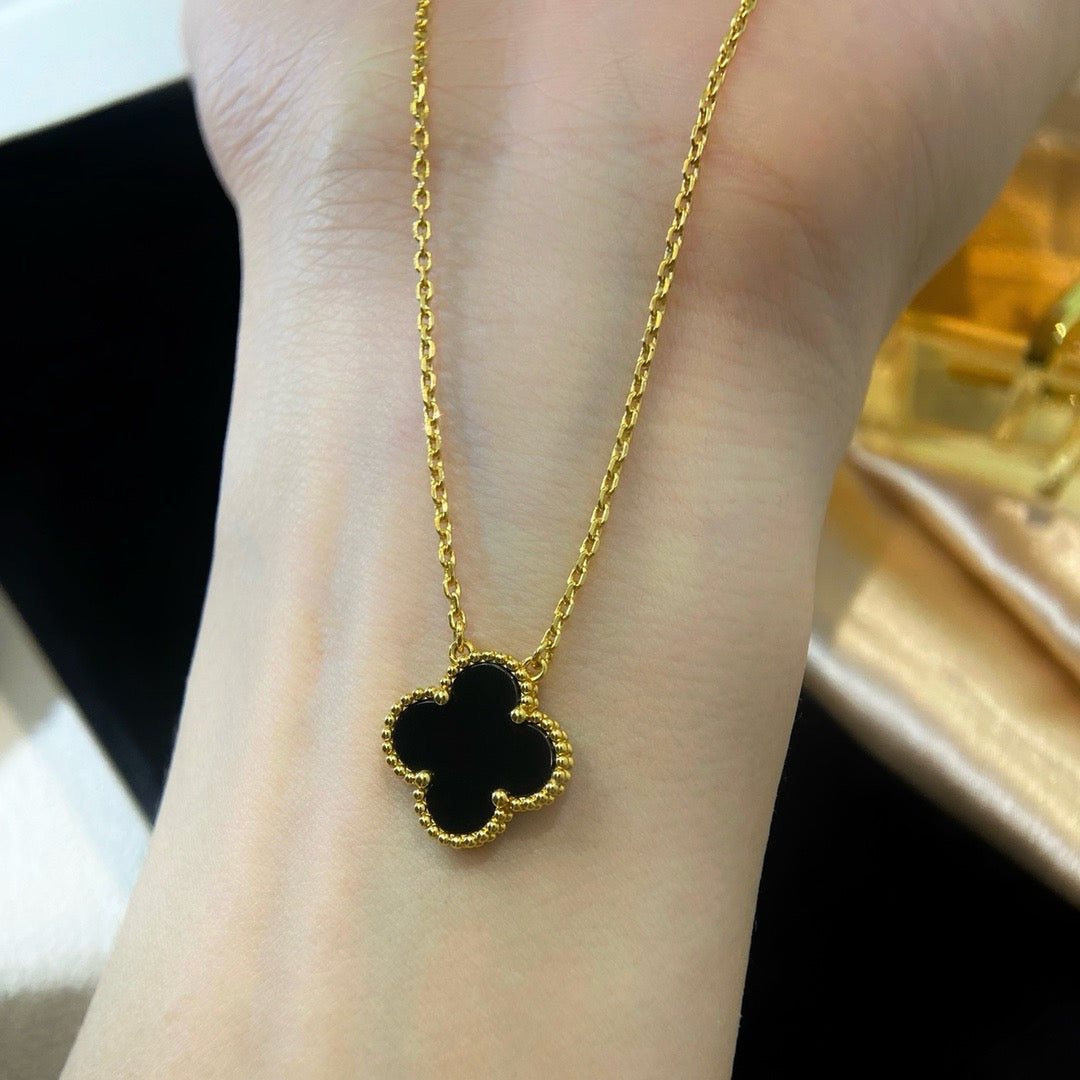 [⭐Maelin]CLOVER 15MM BLACK ONYX SINGLE FLOWER NECKLACE