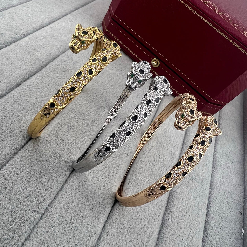 [⭐Maelin]PANTHERE DOUBLE HEADED HALF DIAMOND OPEN BRACELET
