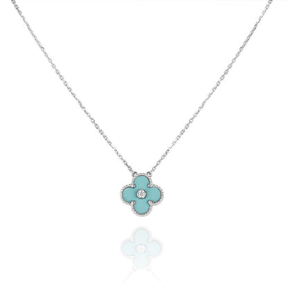[⭐Maelin]CLOVER 1 DIAMOND LIGHT BLUE SILVER NECKLACE