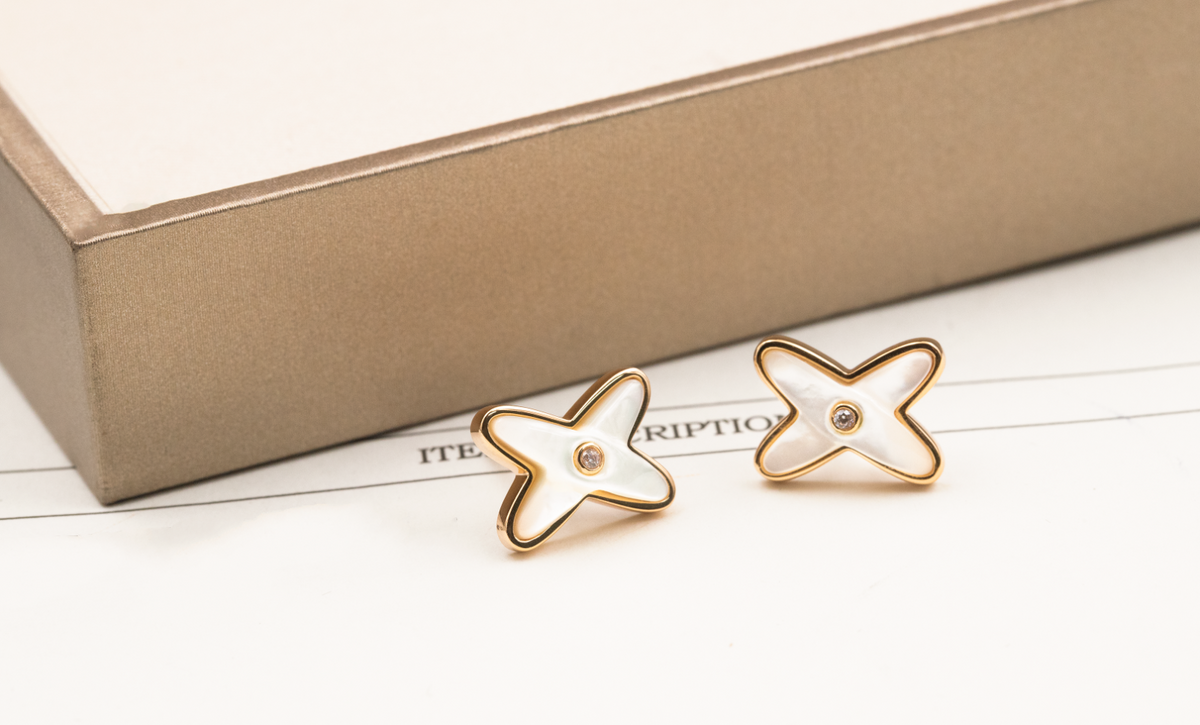 [⭐Maelin]JEUX DE WHITE MOP ROSE GOLD DIAMOND EARRINGS