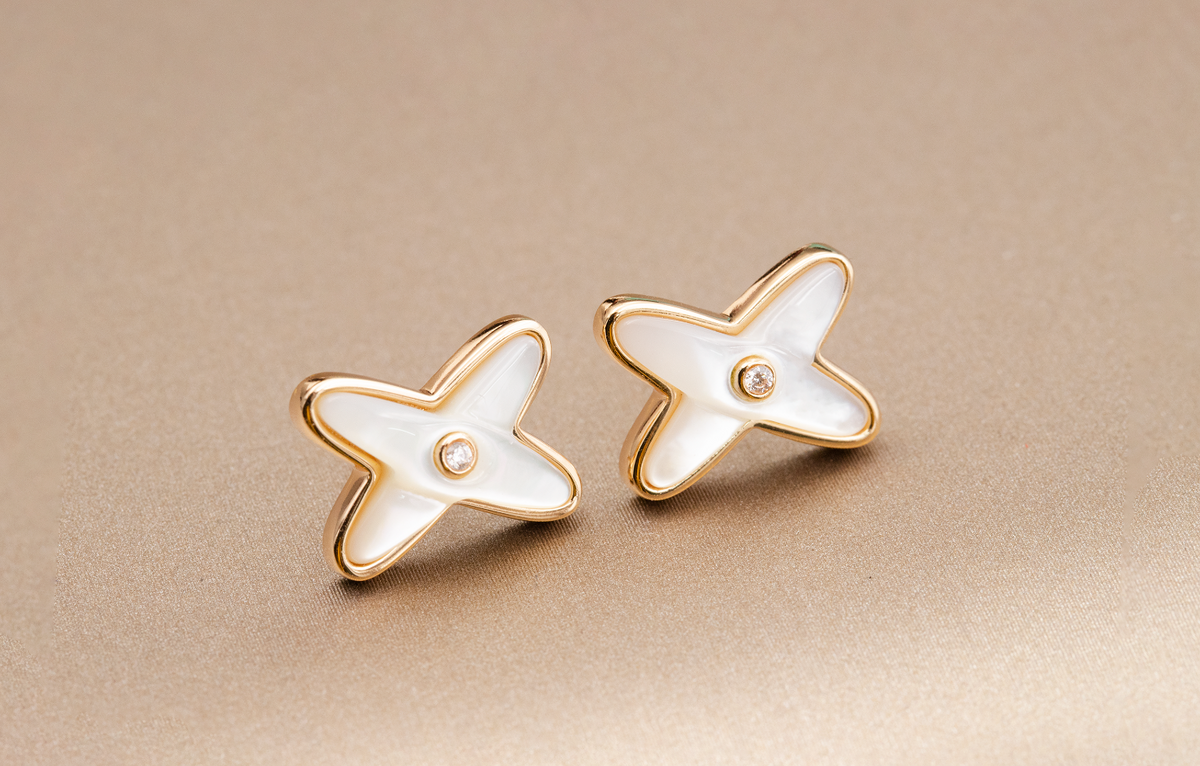 [⭐Maelin]JEUX DE WHITE MOP PINK GOLD DIAMOND EARRINGS
