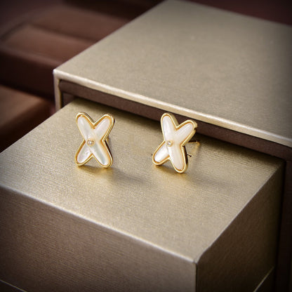 [⭐Maelin]JEUX DE WHITE MOP GOLD DIAMOND EARRINGS