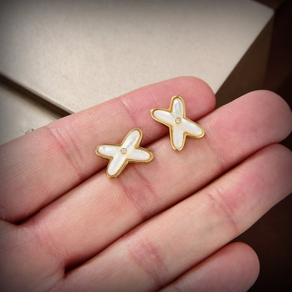 [⭐Maelin]JEUX DE WHITE MOP GOLD DIAMOND EARRINGS