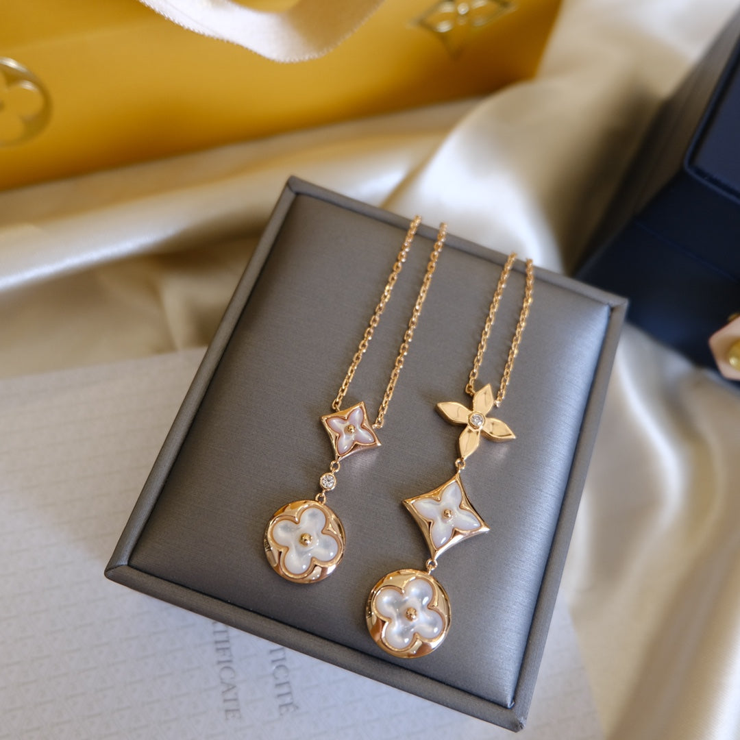 [⭐Maelin]COLOR BLOSSOM LARIAT NECKLACE PINK GOLD WHITE MOTHER PEARL AND DIAMOND