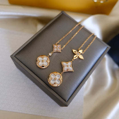 [⭐Maelin]COLOR BLOSSOM LARIAT NECKLACE PINK GOLD WHITE MOTHER PEARL AND DIAMOND