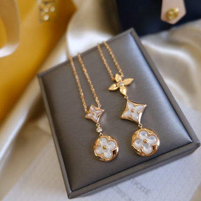 [⭐Maelin]COLOR BLOSSOM LARIAT NECKLACE PINK GOLD WHITE MOTHER PEARL AND DIAMOND