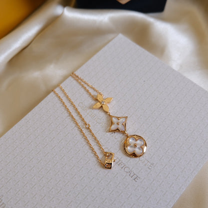 [⭐Maelin]COLOR BLOSSOM LARIAT NECKLACE PINK GOLD WHITE MOTHER PEARL AND DIAMOND