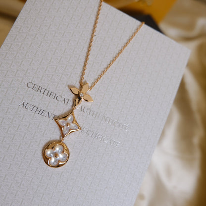 [⭐Maelin]COLOR BLOSSOM LARIAT NECKLACE PINK GOLD WHITE MOTHER PEARL AND DIAMOND