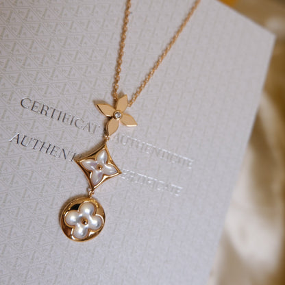 [⭐Maelin]COLOR BLOSSOM LARIAT NECKLACE PINK GOLD WHITE MOTHER PEARL AND DIAMOND