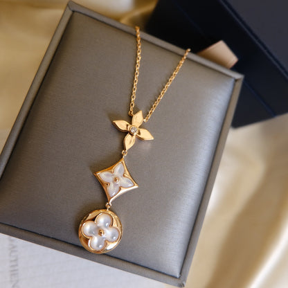 [⭐Maelin]COLOR BLOSSOM LARIAT NECKLACE PINK GOLD WHITE MOTHER PEARL AND DIAMOND