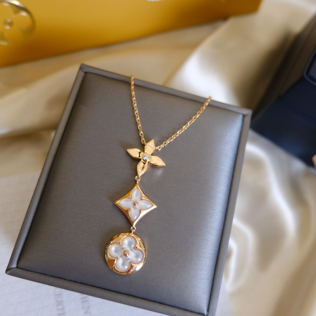 [⭐Maelin]COLOR BLOSSOM LARIAT NECKLACE PINK GOLD WHITE MOTHER PEARL AND DIAMOND