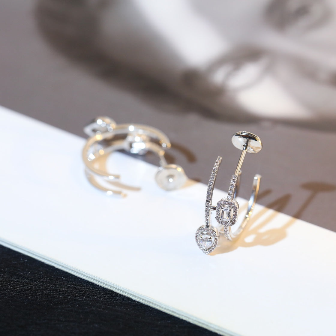 [⭐Maelin]CREOLES MY TWIN 2 RANGS SILVER DIAMOND EARRINGS