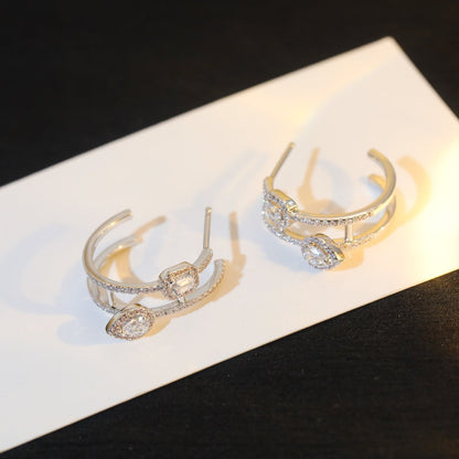 [⭐Maelin]CREOLES MY TWIN 2 RANGS SILVER DIAMOND EARRINGS