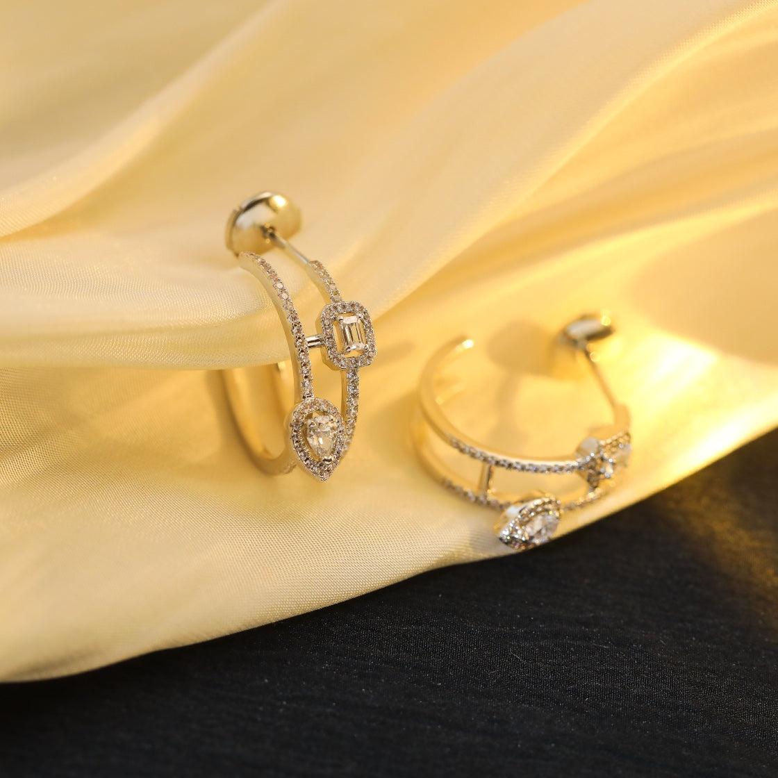 [⭐Maelin]CREOLES MY TWIN 2 RANGS SILVER DIAMOND EARRINGS