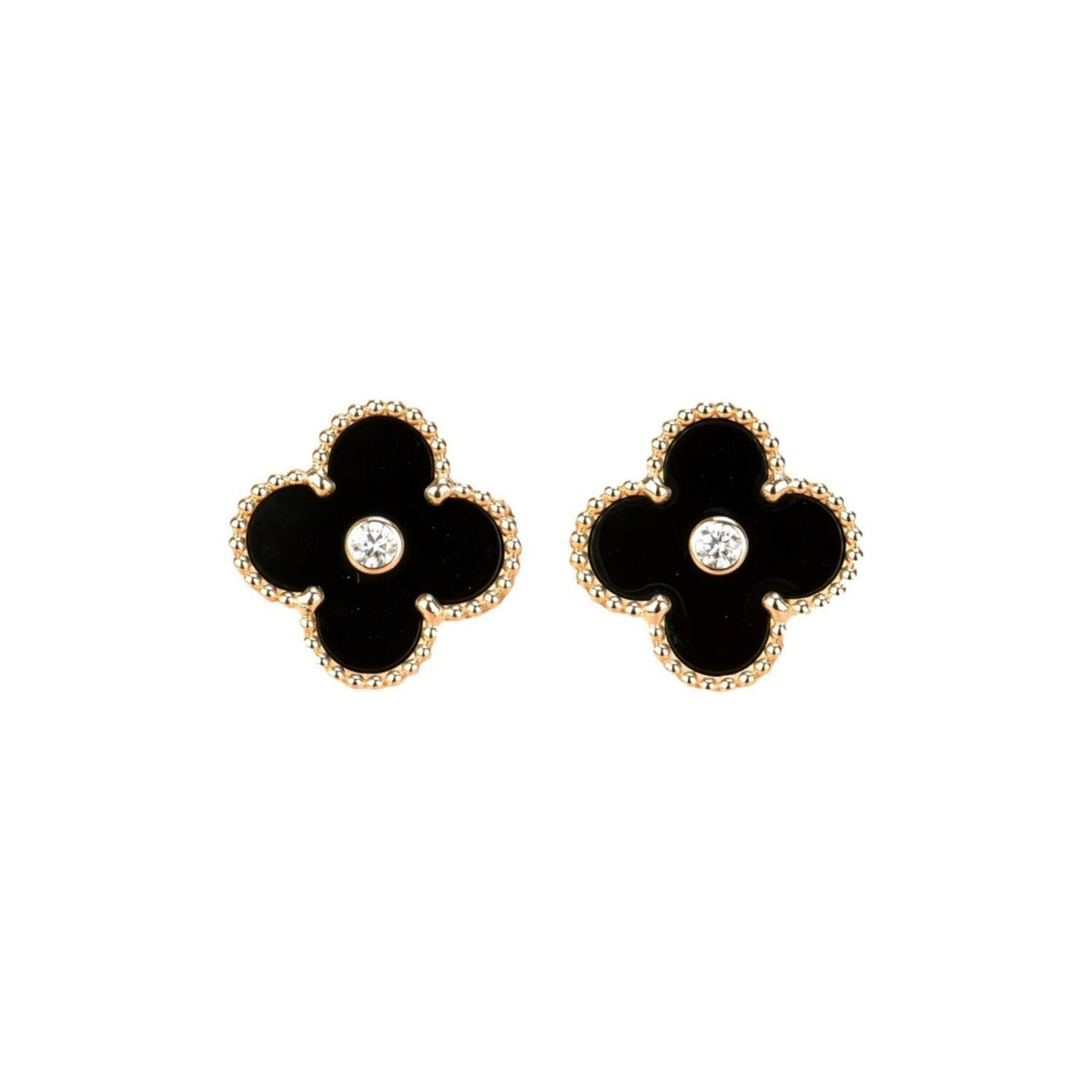 [⭐Maelin]CLOVER MEDIUM 1 MOTIFS ONYX DIAMOND EARRINGS