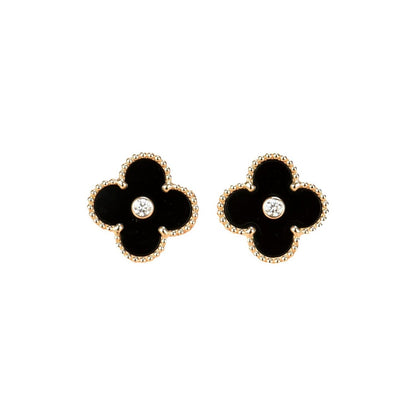 [⭐Maelin]CLOVER MEDIUM 1 MOTIFS ONYX DIAMOND EARRINGS