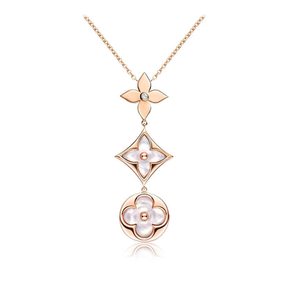 [⭐Maelin]COLOR BLOSSOM LARIAT NECKLACE PINK GOLD WHITE MOTHER PEARL AND DIAMOND