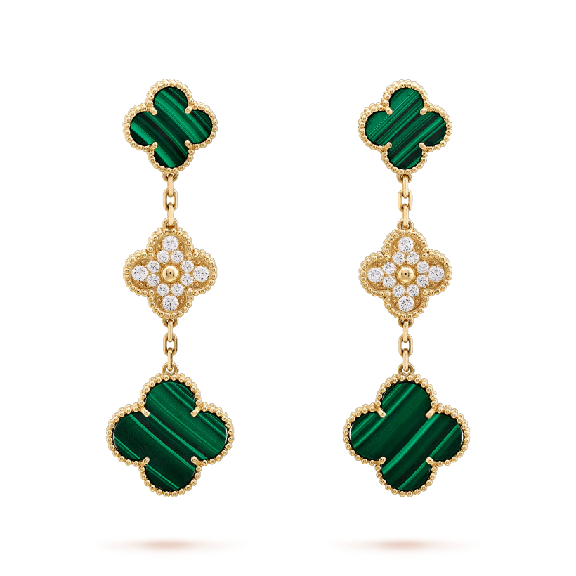 [⭐Maelin]CLOVER EARRINGS GOLD MALACHITE DIAMOND 3 MOTIF