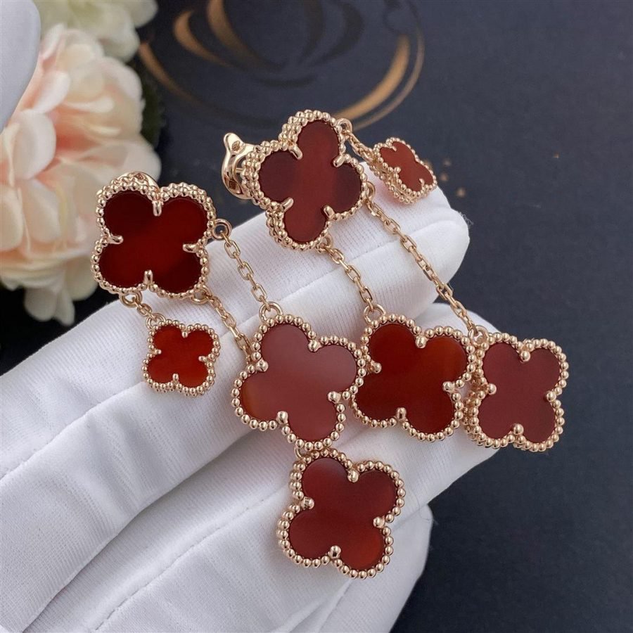 [⭐Maelin]CLOVER EARRINGS CARNELIAN 4 MOTIFS PINK GOLD