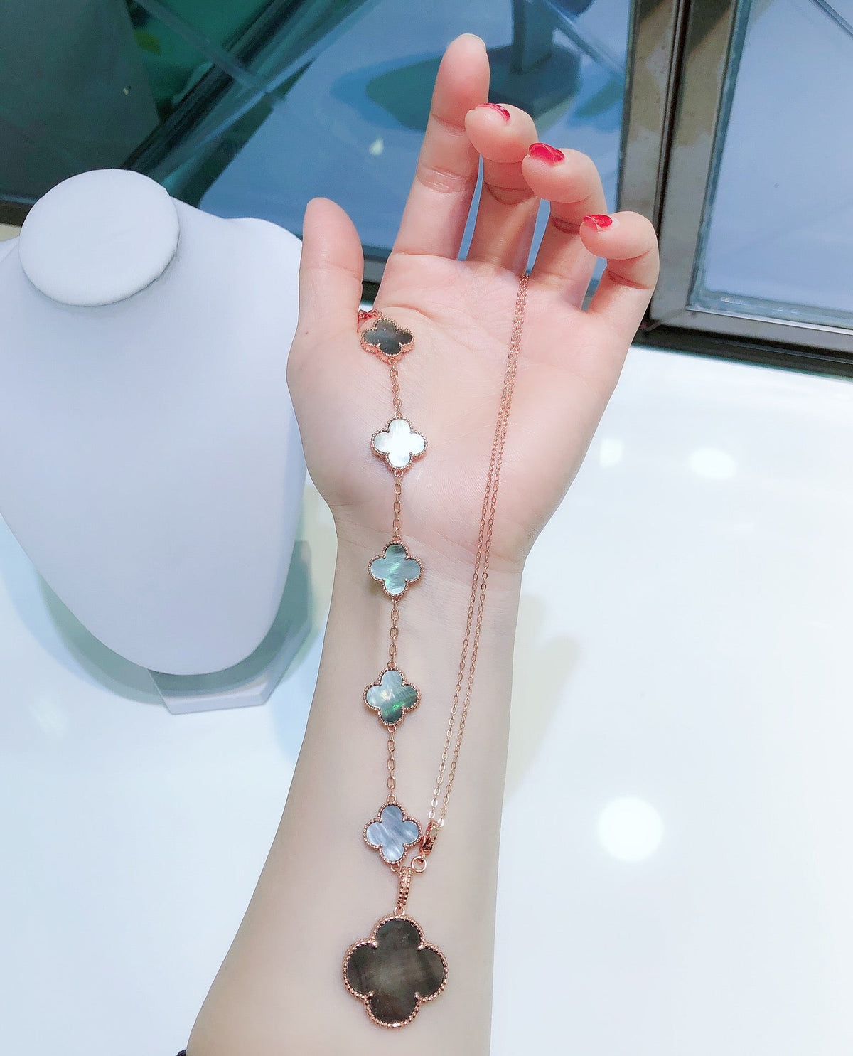 [⭐Maelin]COMBINED BRACELET 5 MOTIFS AND NECKLACE DARK MOP ROSE GOLD
