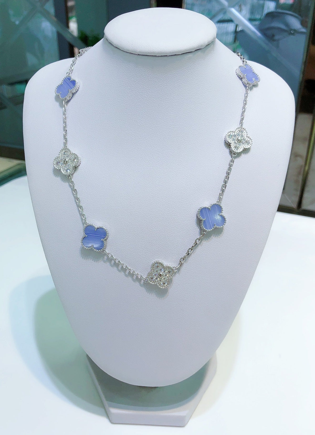 [⭐Maelin]CLOVER 10 MOTIFS CHALCEDONY DIAMONDS SILVER NECKLACE