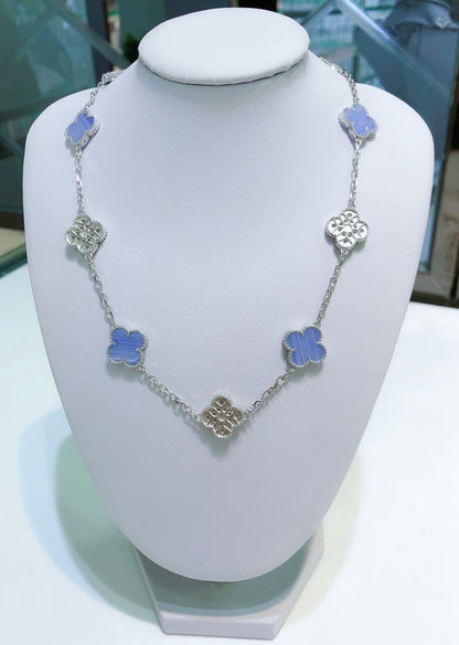 [⭐Maelin]CLOVER 10 MOTIFS CHALCEDONY DIAMONDS SILVER NECKLACE