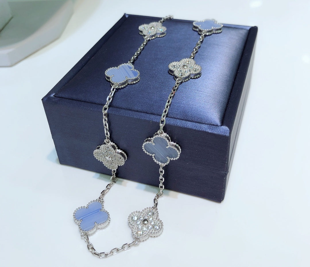 [⭐Maelin]CLOVER 10 MOTIFS CHALCEDONY DIAMONDS SILVER NECKLACE