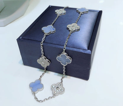 [⭐Maelin]CLOVER 10 MOTIFS CHALCEDONY DIAMONDS SILVER NECKLACE
