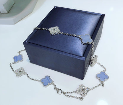 [⭐Maelin]CLOVER 10 MOTIFS CHALCEDONY DIAMONDS SILVER NECKLACE