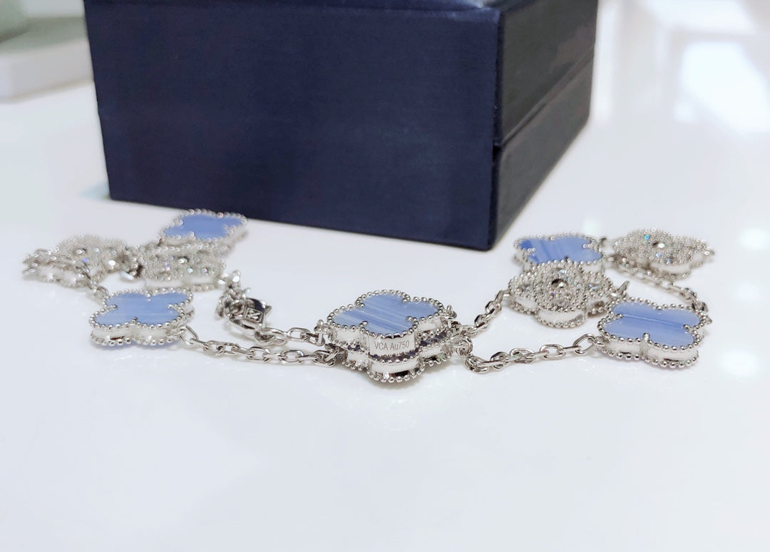 [⭐Maelin]CLOVER 10 MOTIFS CHALCEDONY DIAMONDS SILVER NECKLACE