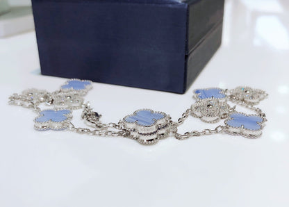 [⭐Maelin]CLOVER 10 MOTIFS CHALCEDONY DIAMONDS SILVER NECKLACE