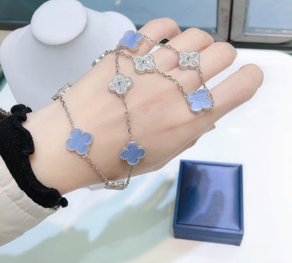 [⭐Maelin]CLOVER 10 MOTIFS CHALCEDONY DIAMONDS SILVER NECKLACE