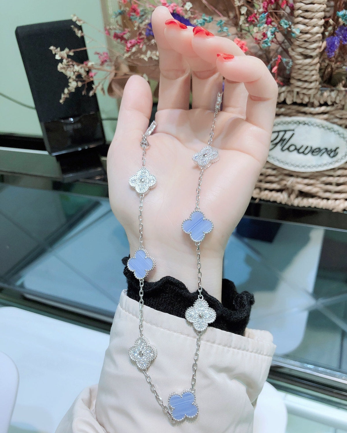 [⭐Maelin]CLOVER 10 MOTIFS CHALCEDONY DIAMONDS SILVER NECKLACE