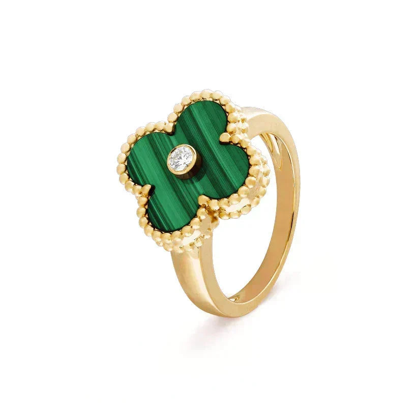[⭐Maelin]CLOVER MALACHITE RING GOLD DIAMOND